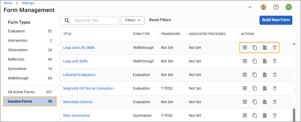 Overview of form management with inactive forms highlighted and various actions available.